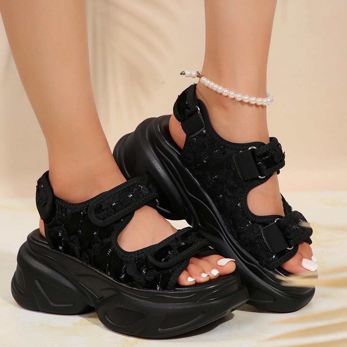 

Женские сандалии 2024 года, новые модные сандалии с подошвой из цельной сосны, клейкие сандалии на толстой подошве для женщин Zapatos De Mujer 42 чёрный