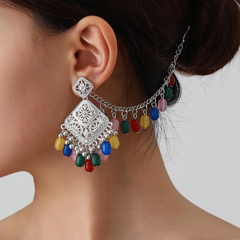Bohemian Exotic Rhinestone Tassel Necklace & Earrings Set In Antiqued Alloy