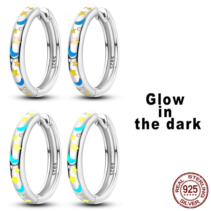 Luminous Shell Women Earrings Original 925 Sterling Silver Pave CZ Star Moon Hoop Earrings Engagement Wedding Jewelry