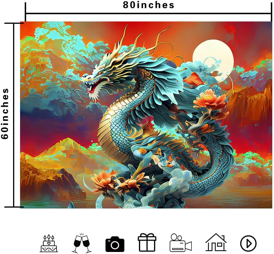 Fantasy Dragon Tapestry, Traditional Blue Chinese Dragon With Flowers And Scenic View Wall Art For Bohemian Aesthetic Decor