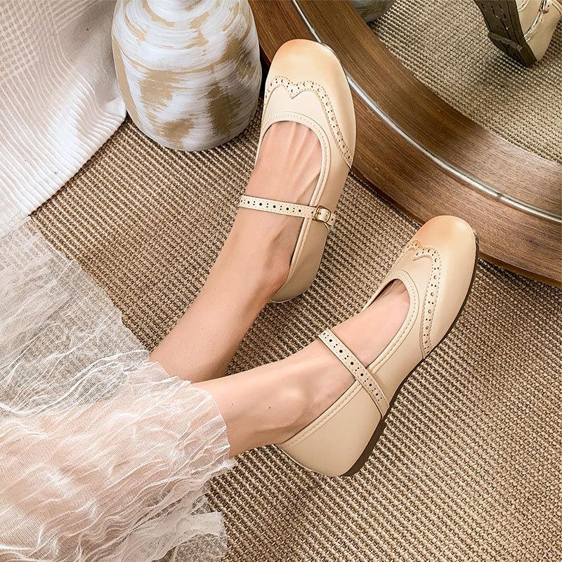 Edice měkké kůže~ Módní baleríny Dámské Gravírované Boty Brock Mary Jane Retro Styl Ploché Francouzské Malé Kožené Boty