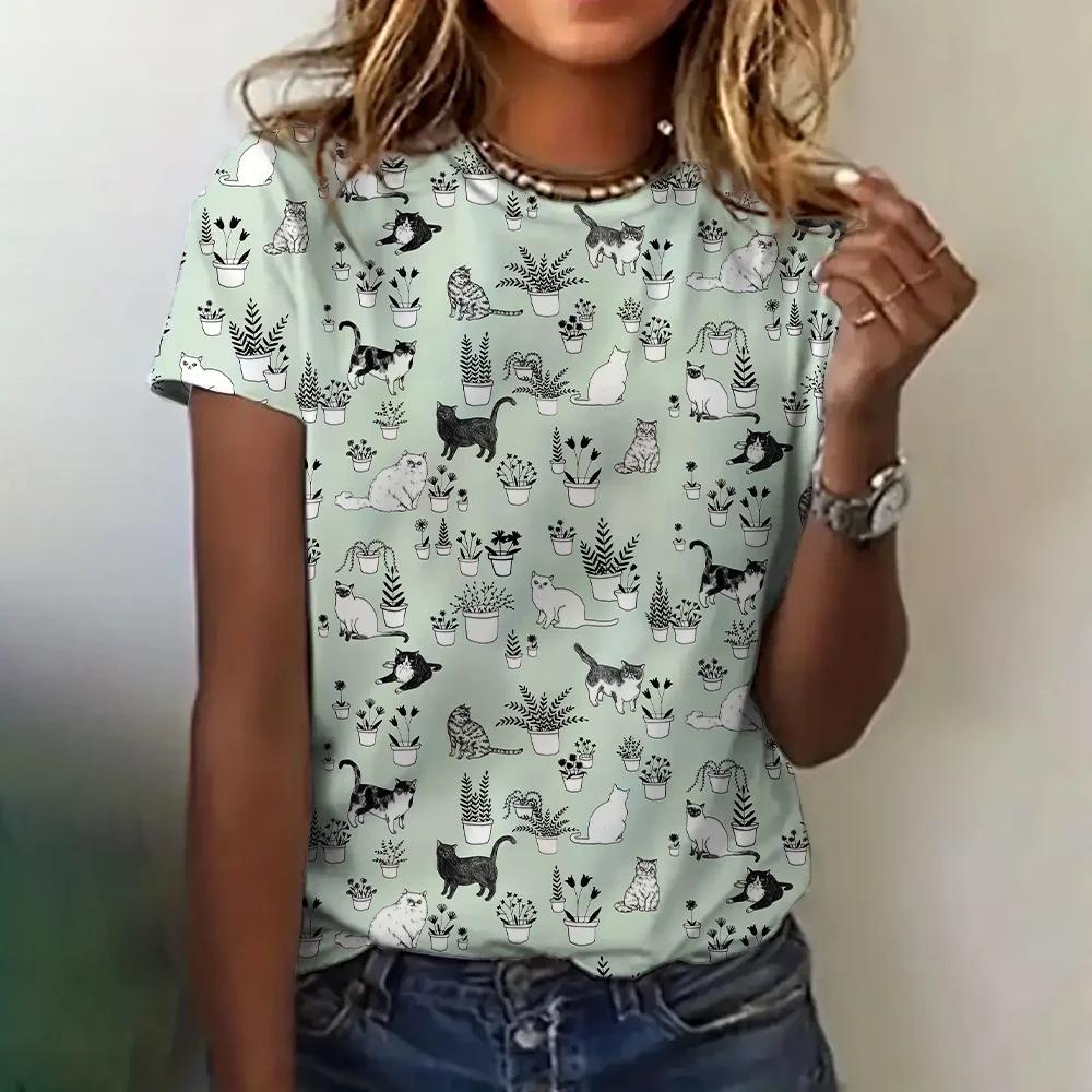 Women's T-shirt Summer Cartoon Cat 3D Printed T-shirt Women's Fashion Casual Round Neck Short Sleeve T-shirt Women's Top T-shirt Elegant