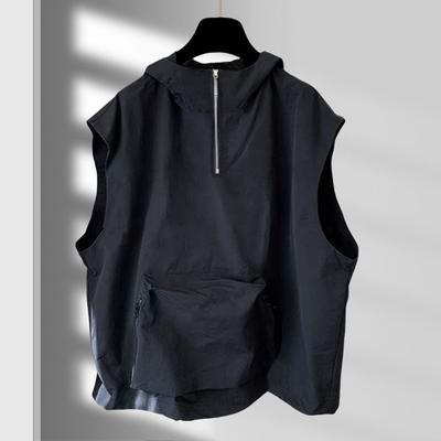 Men Vest Hooded Zipper Half Sleeveless Hip Vest Hop Style Placket Jacket Solid Color Quick-Drying Large Pockets Waistcoat