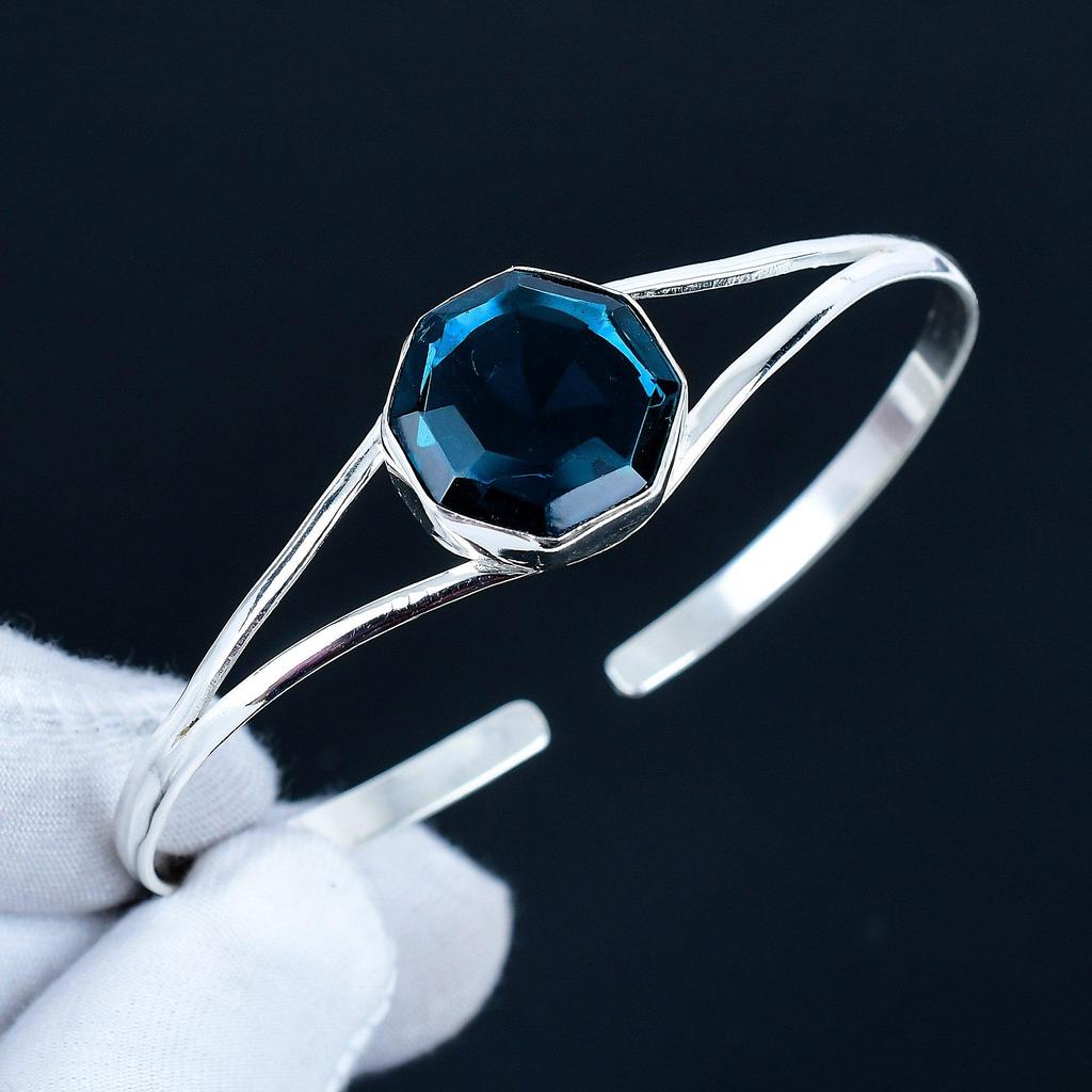 Indicolite Hexagon Gemstone Handmade Cuff Bangle 925 Sterling Silver Cuff Bangle, Indicolite Bracelet For Wife, Unisex Bangle For Gift