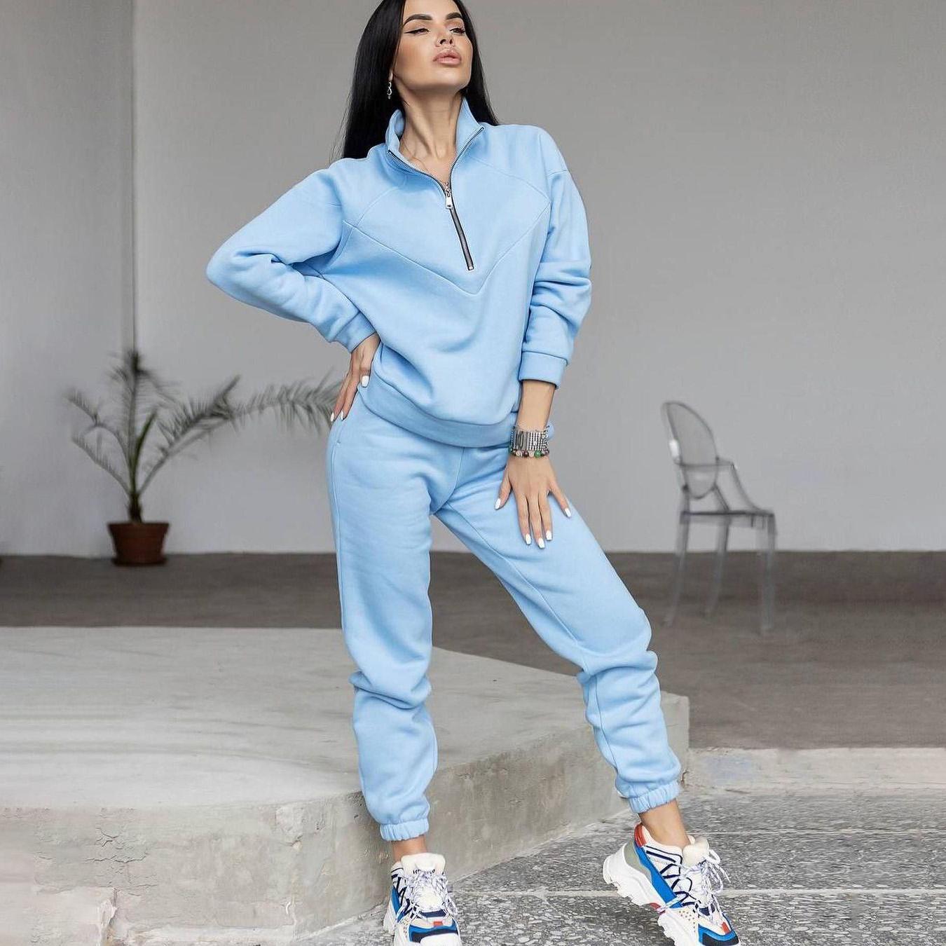 Женский однотонный длинный рукав воротник-стойка толстовка костюм осень зима свободный — фото 4