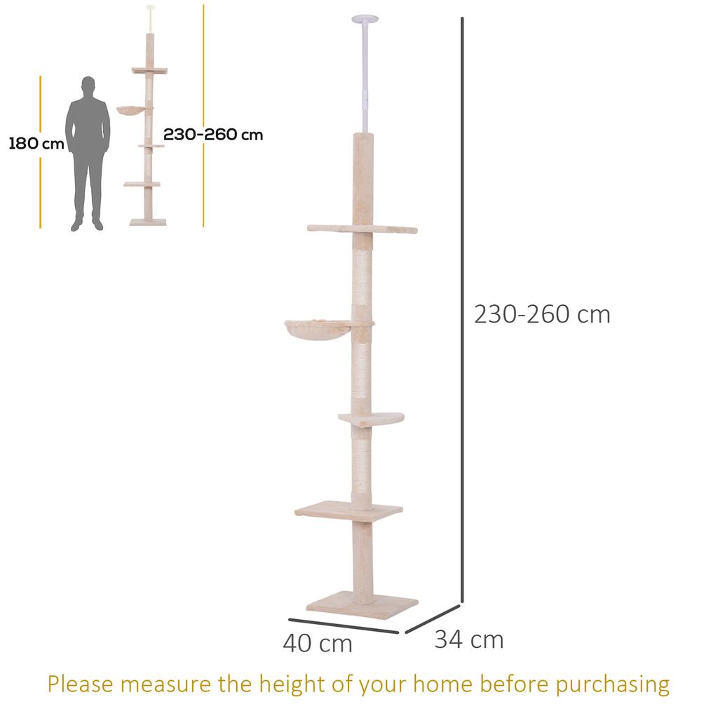 Floor To Ceiling Cat Tree 230-260cm Height Adjustable, 5-Tier Cat Tower with Scratching Posts, Hammock, Perches