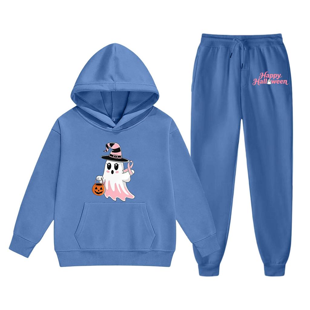 Kids Halloween Hoodie and Pants Set Ghost Print Hooded Sweatshirt and Matching Bottoms Comfortable Casual Outfit for Boys and Girls