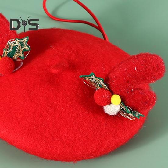 Wool Pet Beret Hat Christmas Red Cat Hat with Bow Antler Accessories Warm Winter Holiday Costume for Daily Dressing Up Photography Outdoor Travel