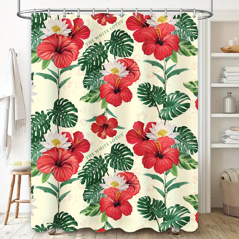 Red Hibiscus Shower Curtain Bathroom Decor Waterproof Fabric Home Accessories White Lotus Floral Printing Design Modern Colorful