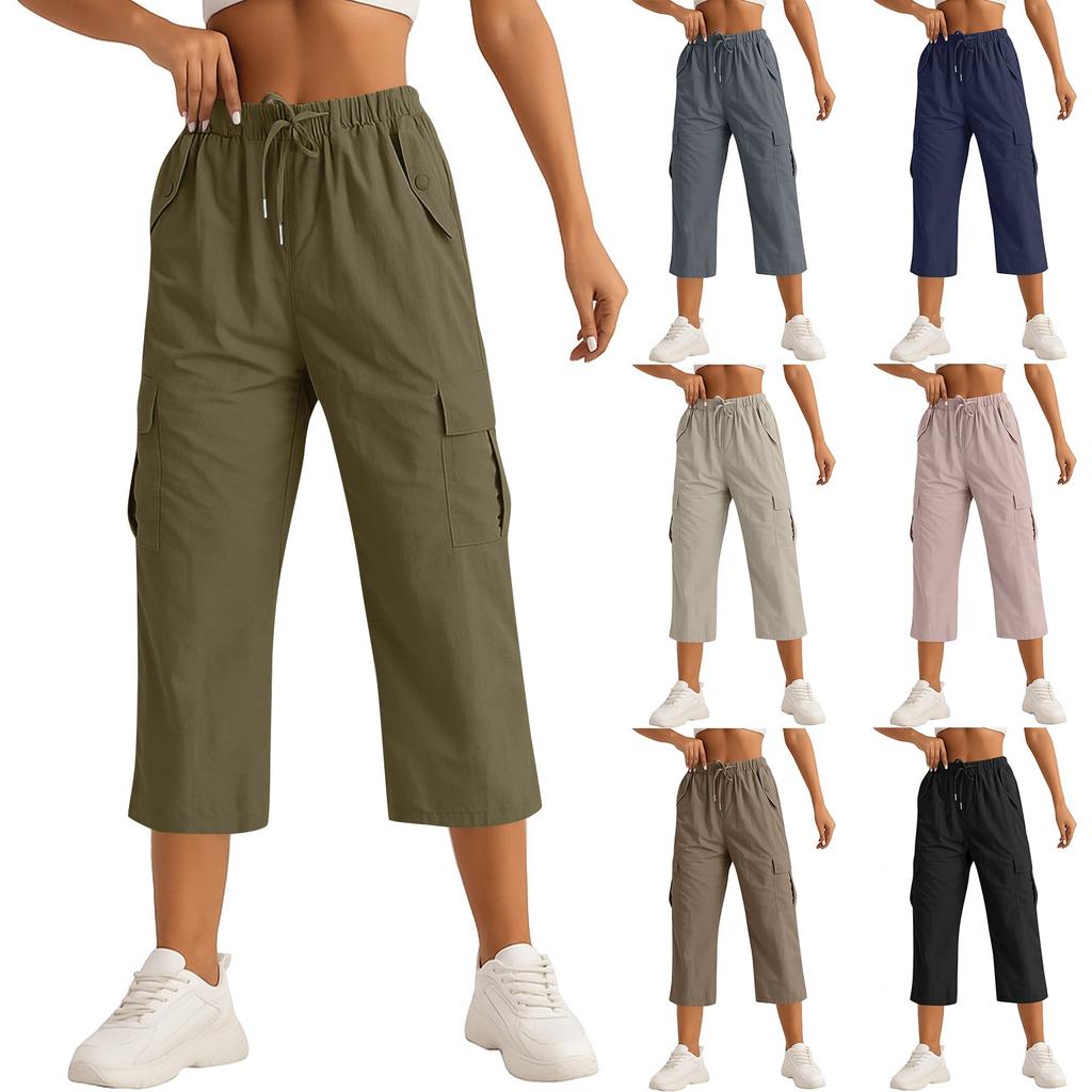 Women's Fashionable Drawstring With Flip Pocket Solid Color Captcha Pants Work Pants