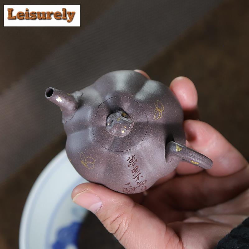 80ml Yixing Purple Clay Teapots Handmade Gold Tracing Pumpkin Pot Raw Ore Cyan Section Mud Kettle With Infuser Zisha Teaset Gift