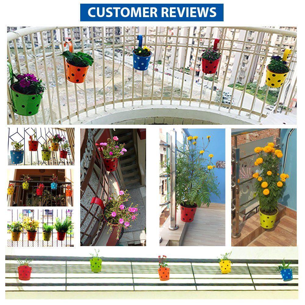 Set of 4 - Single Plant Railing Planters - Dotted Blue, Orange,Red,Green| Heavy Duty Highly Durable Plant containerGamla for Indoor Home Decor