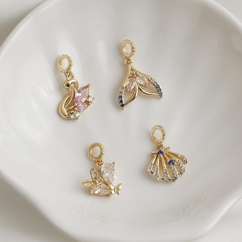14K Gold-Filled Zircon Seashell Fishtail Heart Crystal Pendant for DIY Jewelry