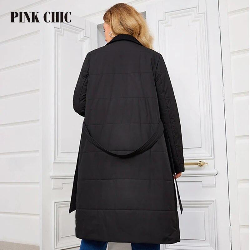PINK CHIC Women's Spring Thin Cotton 2024 Padded Long Quilted Coat Women's Belt Warm Parka S3028