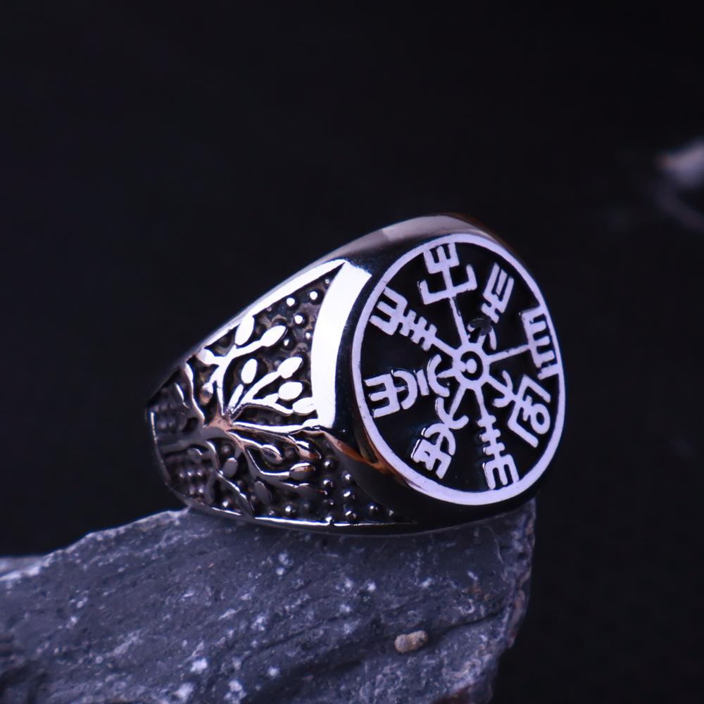 Vintage Wikinger Vegvisir Kompass Ringe für Herren Edelstahl Nordisch Odin Rabe Amulett Runenring Biker Schmuck