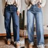 Damen High Waist Retro Umgeschlagene Manschette Weiter Bein Gerade Denim Jeans