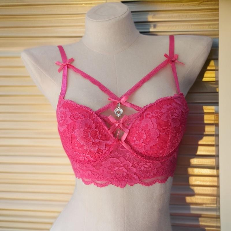 New Sexy Pure Desire To Wear Lace Underwear Women's Suit Cross-dew Belt Love Pendant Steel Ring Gathering Bra Cover