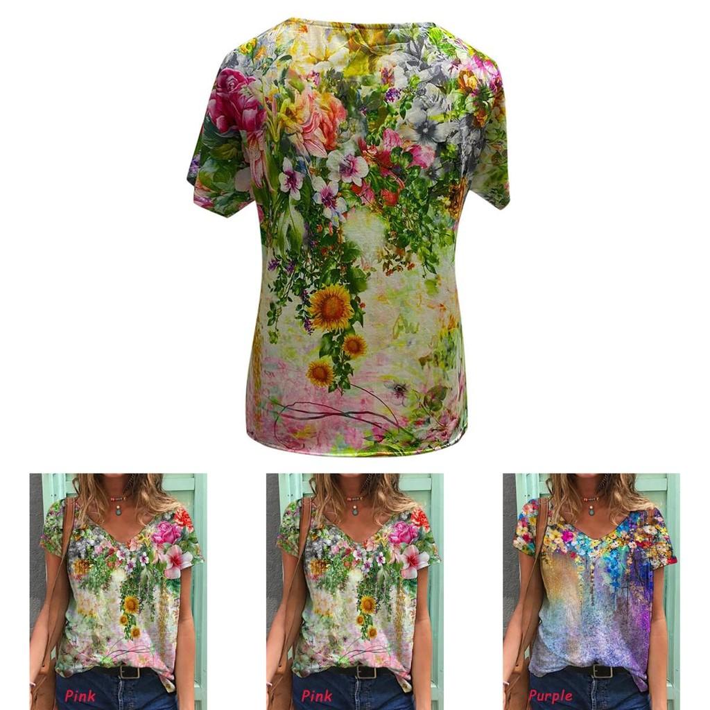 Comfortable Womens V Neck Short Sleeve Blouse Casual Floral Print T-shirt Tunic Tops
