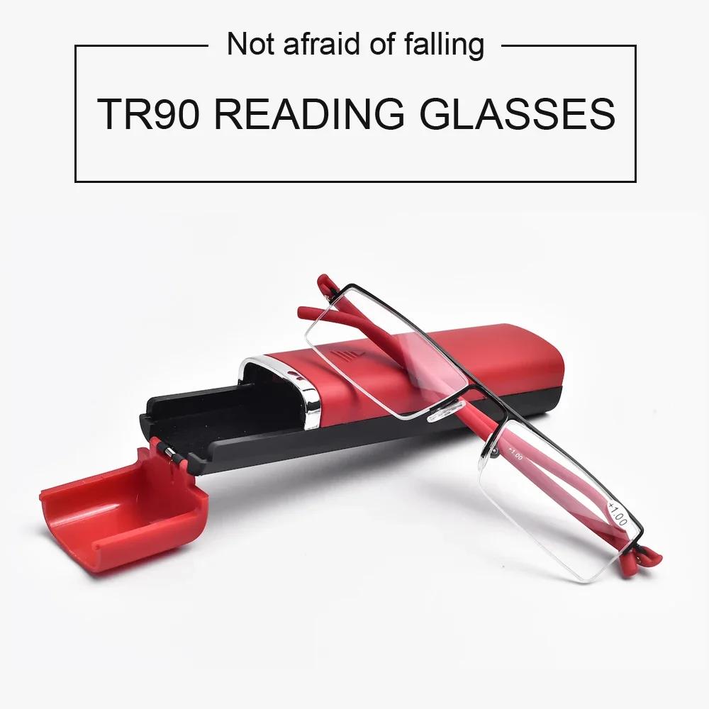 TR90 Mens Womens Half Frame Reading Glasses With Case 1.5 2.0 2.5 3.0 Metallic Galf Rim Prescription Eyeglasses