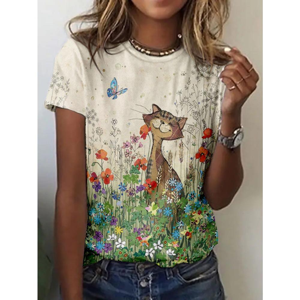 Women s Tee - Tabby Cat in Flower Meadow Graphic, Whimsical Garden Print Design for Casual Daily Wear M