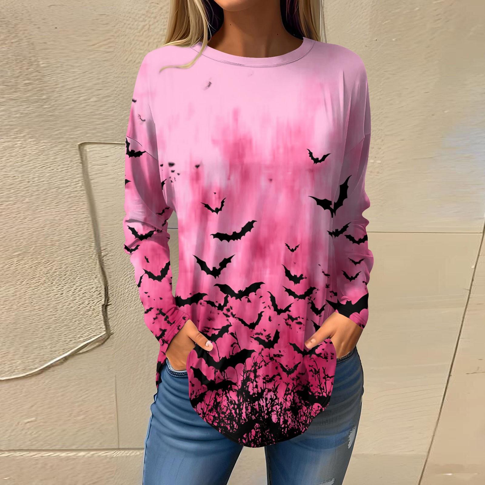 

Women s Fashion Loose Round Neck Halloween Printed Long Sleeve T-Shirt Top Pullover XL рожевий