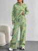 European, American Autumn and Winter Blue Flower Casual Long-sleeved Suit Women's Hooded Sweater Trousers Two-piece Set
