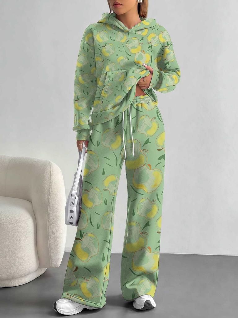 European, American Autumn and Winter Blue Flower Casual Long-sleeved Suit Women's Hooded Sweater Trousers Two-piece Set