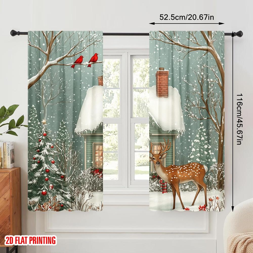 2pcs,2D Plane Printing Print Curtains Deer Cardinals Snowy House Versatile Polyester (without Rod) Art Deco Festive Use for