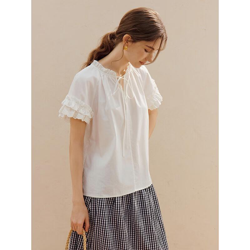 INMAN Women's Tie-Waist Ruffle Puff Sleeve Cotton Shirt