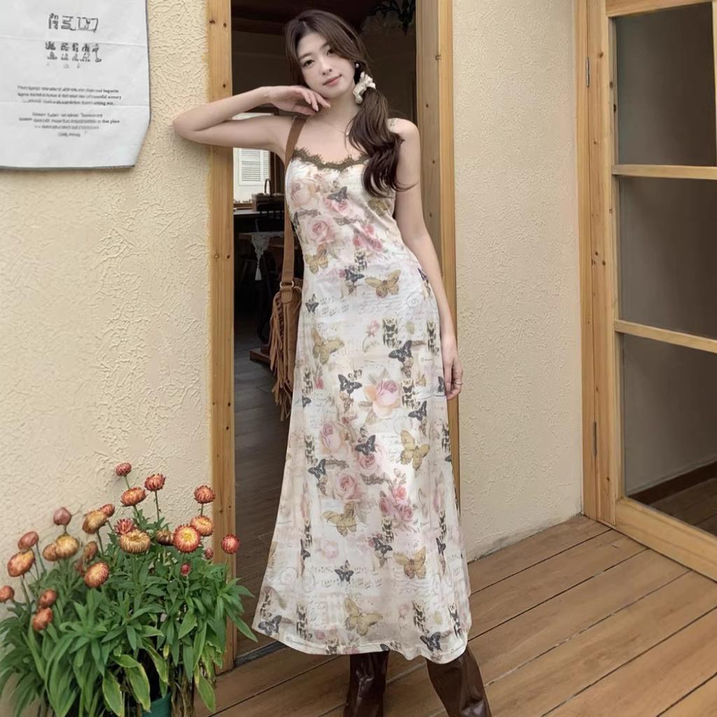 Butterfly Floral Skirt French Suspender Skirt Women's Summer Vacation Style V-neck Dress Slim-fitting Waist Hip Skirt Long Dress