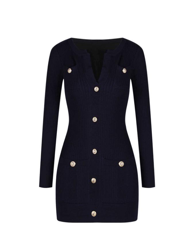 

Navy Blue Slim-Fit Knitted Dress: Sexy Waist-Cinched Short Skirt for Women One Size темно-синього кольору