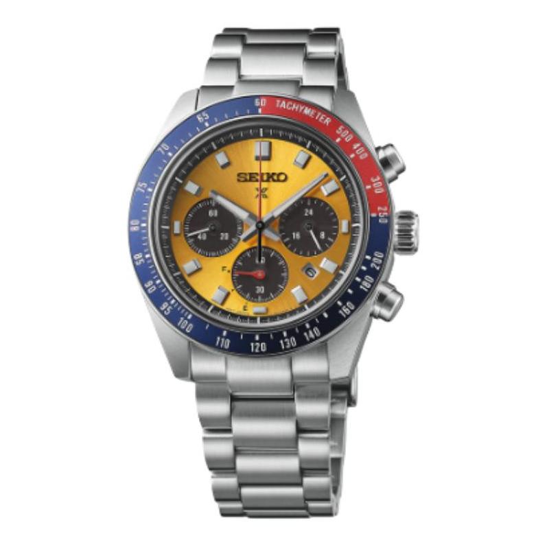 

SEIKO 100 meters waterproof solar Quartz Steel Strap 41.4mm men s watch yellow dial SSC947 синій