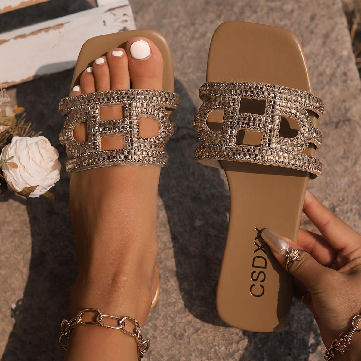 Тапочки женские сандалии на плоской подошве со стразами верхняя одежда одно слово сандалии с квадратной головкой тапочки 35 дубильная кора 1449₽