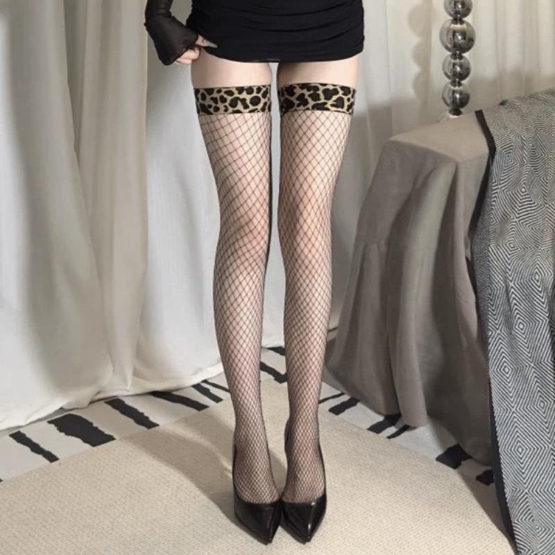 

Women s Sexy Horse Oil Shiny Silk Stockings Fashion Leopard-edge High Stretch Thigh High Socks Summer Thin Non-slip Long Socks One Size
