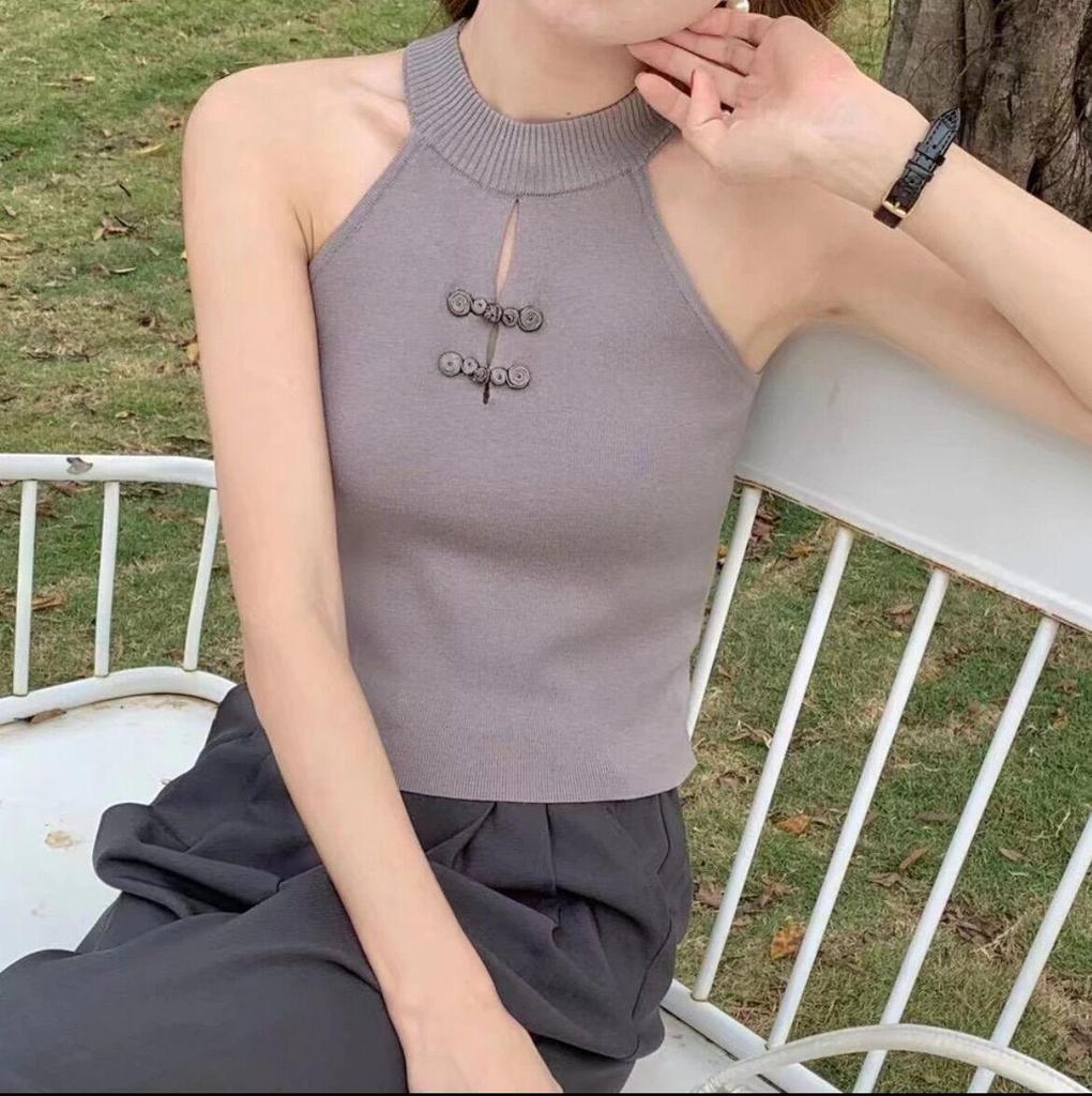 2025 Neue Damen Chinesischer Stil Schlankmachendes Ärmelloses Neckholder-Cami mit Froschverschlussknöpfen