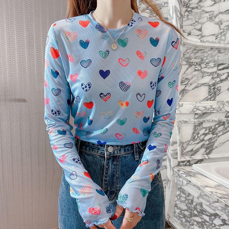 Love Ice Silk Sunscreen Primer Women's Summer Thin T-shirt Long Sleeve Mushroom Breathable Mesh Round Neck Top