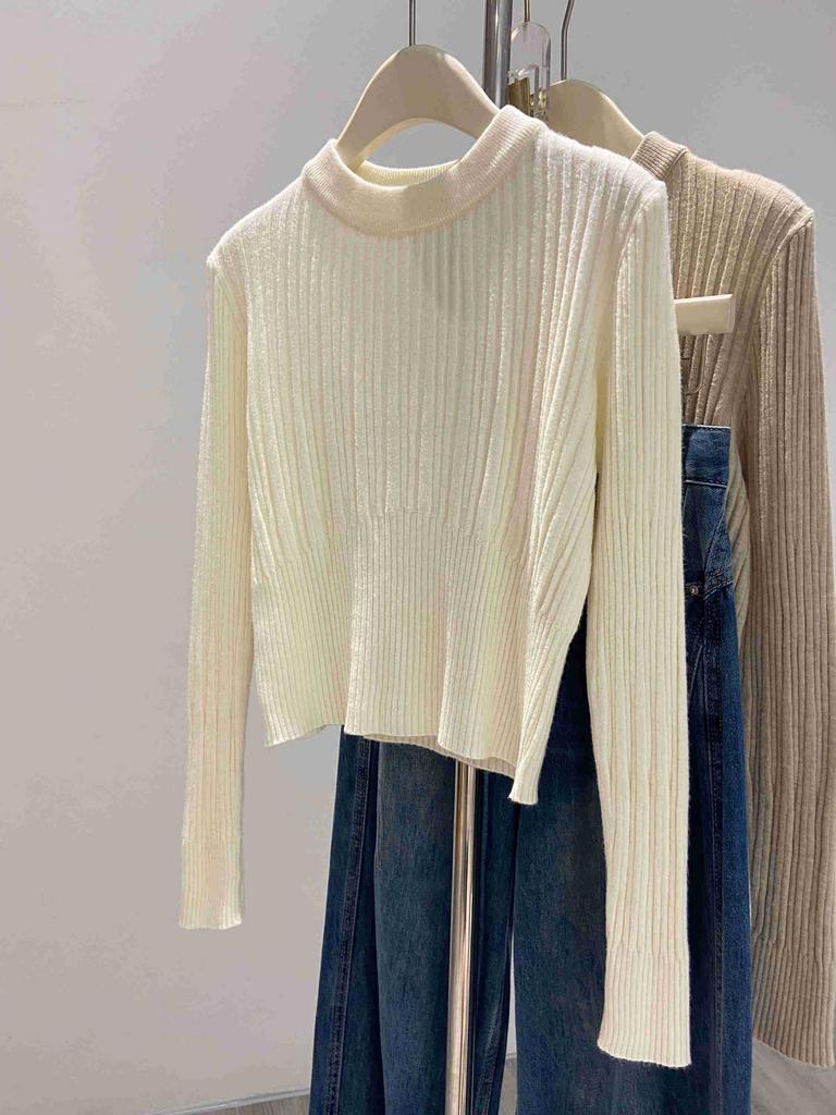 Einfacher vertikaler Rippstrickpullover Damen Herbst und Winter Temperament Taille Rundhals Unterhemd, dünnes Oberteil