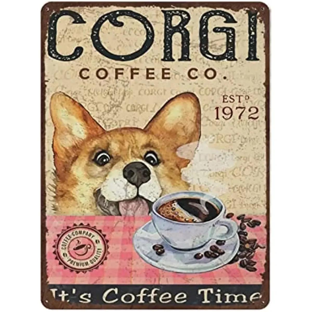 Antikes Haltbares Dickes MetallschildCorgi Hund Poster Corgi Hund Kaffeedose SchildKaffee Dekorationen für Küche Metallschild 20x30cm（7.8x11.8inch）
