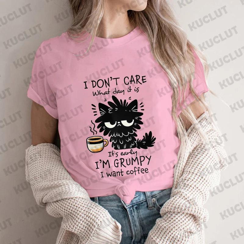 I Want Coffee TShirt Unisex Summer Short Sleeve Y2k Tops Fashion Hip Hop Tees Clothes Black Cat Comfortable Casual T Shirt
