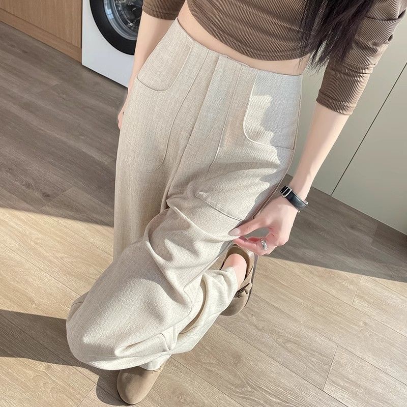 Beige Gray Faux Linen Narrow Wide Leg Pants Women's Spring Summer High Waist Drape Slimming Casual Straight Floor Length Pants