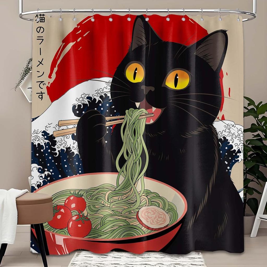 Japanese Shower Curtain Funny Black Cat Anime Wave Asian Cool Shower Curtains for Bathroom Decor Sets, Waterproof Cloth