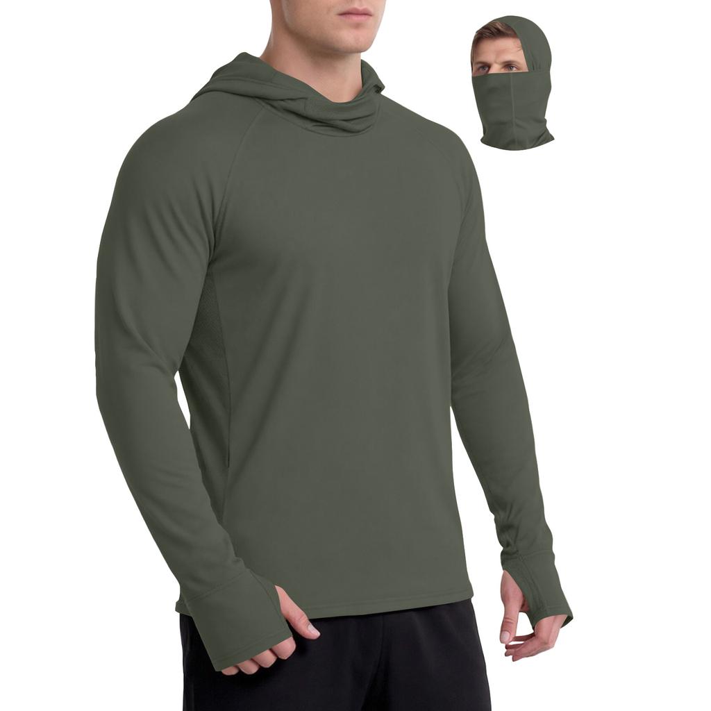 Long Sleeve Hooded Shirt with Built In Face Covering Lightweight Breathable Fabric for Outdoor Activities Men