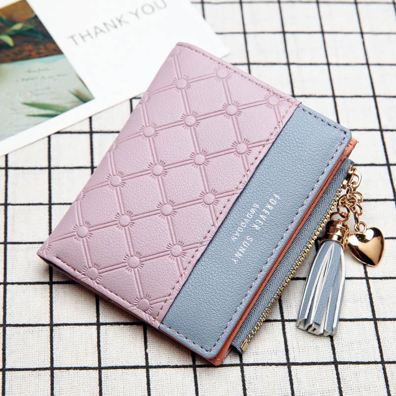 

Women Short Wallets Ladies Fashion Small Purse Cute Tassel Mini Wallet Pink PU Female Credit Card Holder Hasp Zipper Coin Purse