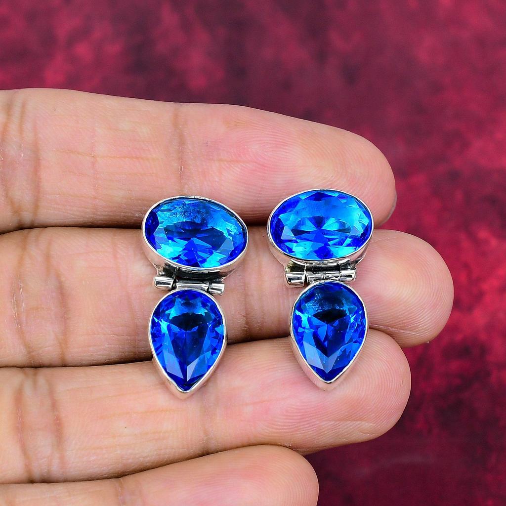 Kolczyki z niebieskim topazem, biżuteria z kamieni szlachetnych ze srebra próby 925, ręcznie robione kolczyki, na Święto Dziękczynienia