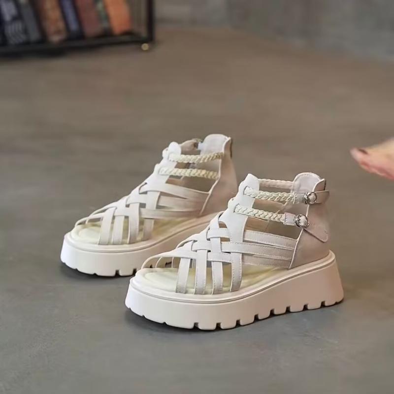 Fashion Thick Sandals Summer New Round Toe Cross Round Toe Shallow Mouth Open Toe Rear Zipper Non-Slip Kitten Heels