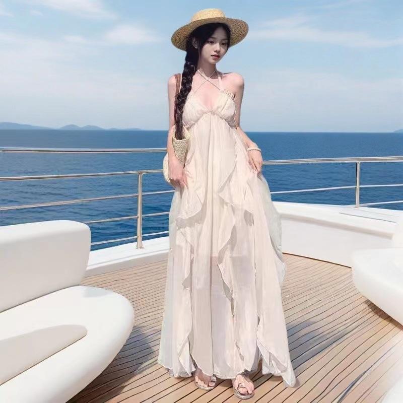 Heavy Industry Neck Sling Dress Women's Summer Long Dress Photo Backless Seaside Vacation Beach Dress