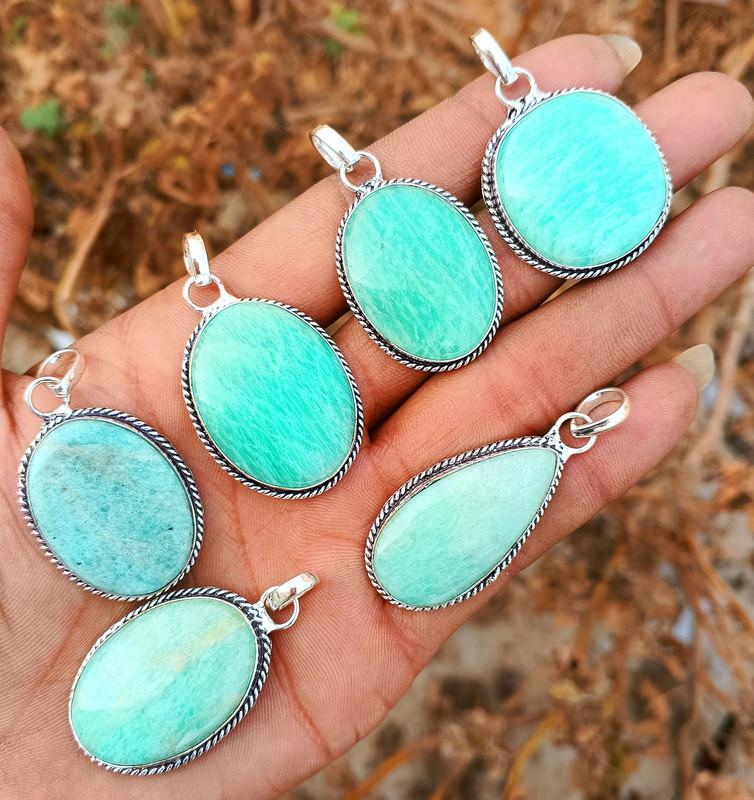 Amazonite Gemstone 925 Sterling Silver Plated Handmade 5 PCs Fancy Pendants Jewelry SEN-145
