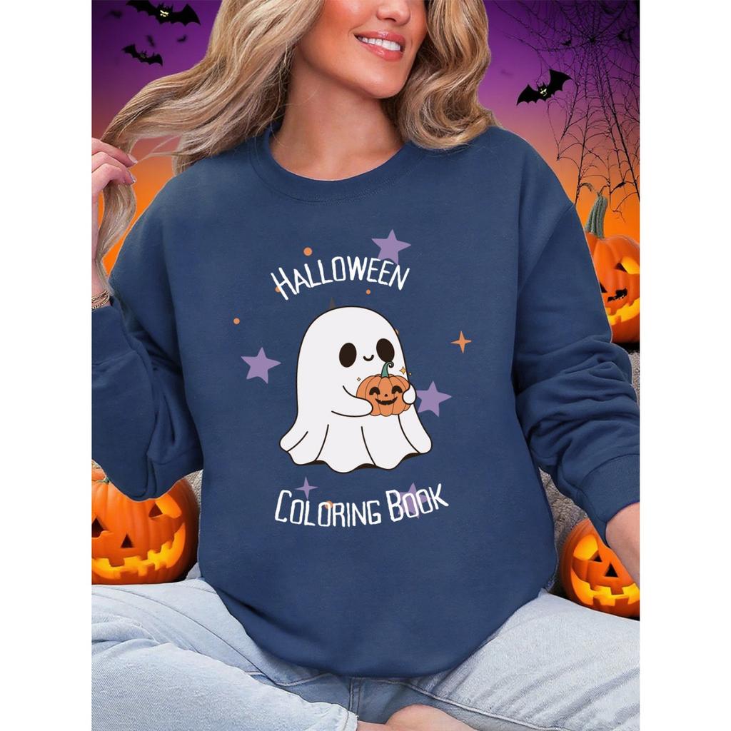 Halloween Coloring Book Printing Sweatshirts Women Winter Fleece Warm Hoodie O-Neck Loose Pullover Basics Sporty Womans Clothes
