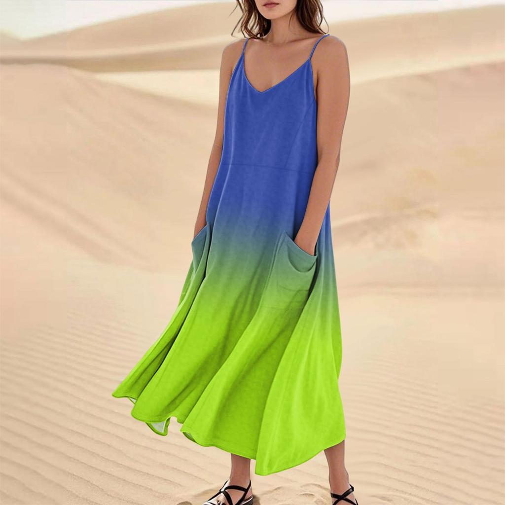 Women's Casual V Neck Gradient Print Sleeveless Pocket Suspender Dress