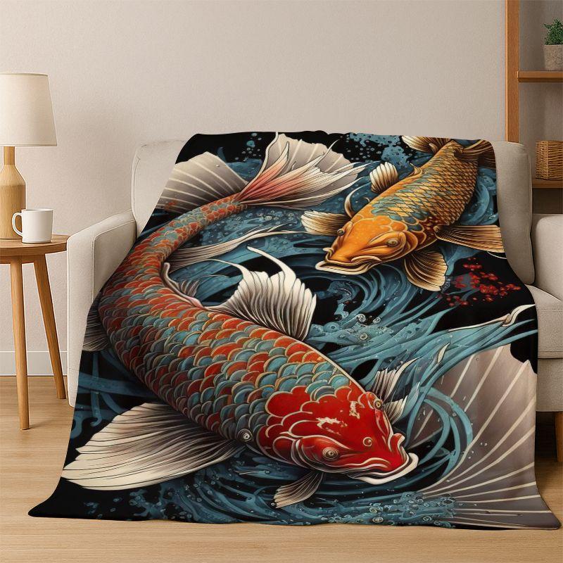 GOOD LUCK Koi Fish Yin Yang Carp Cartoon Flannel Blanket Soft Warm Throw Blanket for Bedroom Living Room Bed Travel Picnic Gift